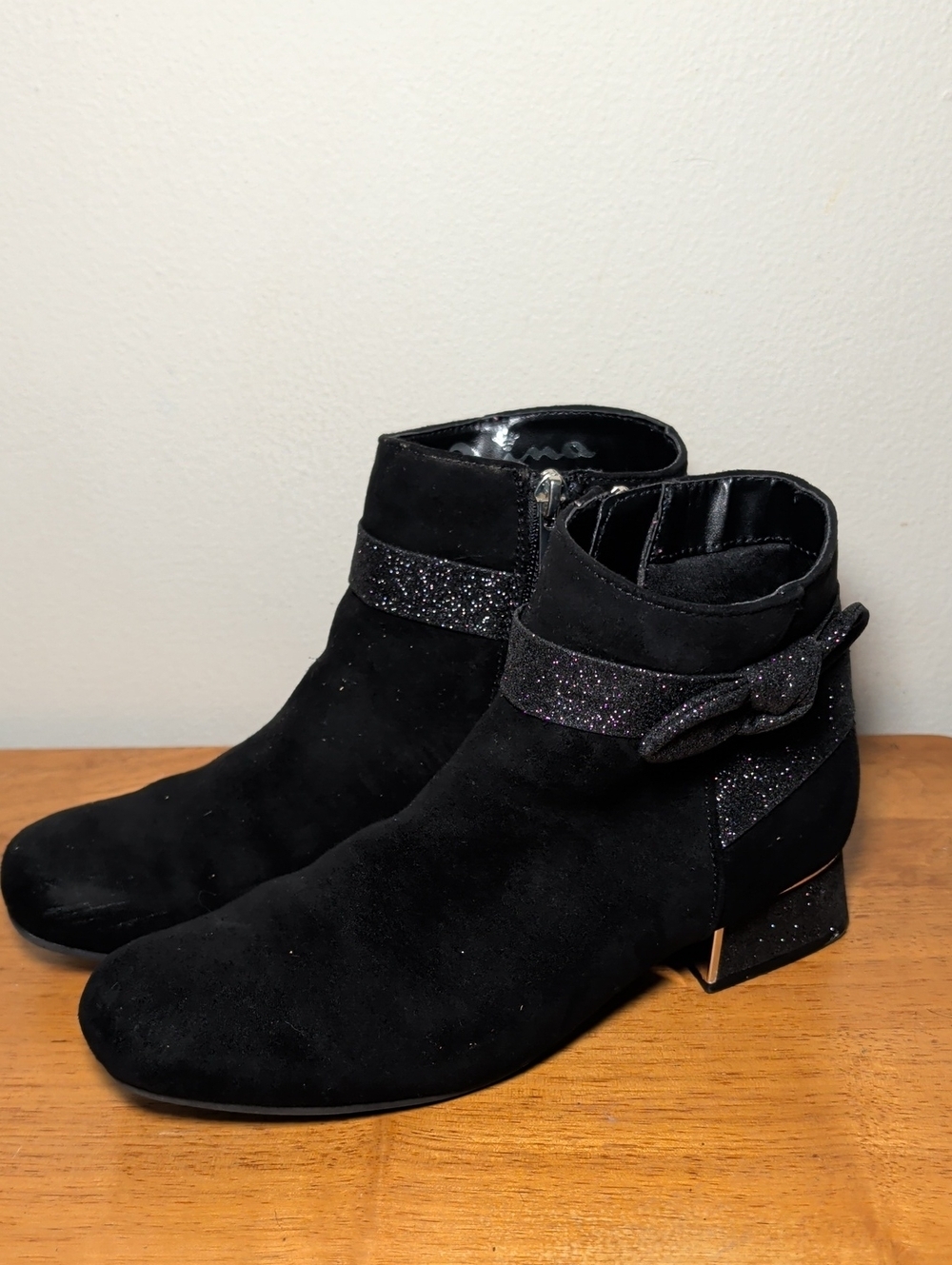 Nina Black Ultrasuede Flare Heel Dress Boots Sparkle Bow Block Heel Girls Size 5